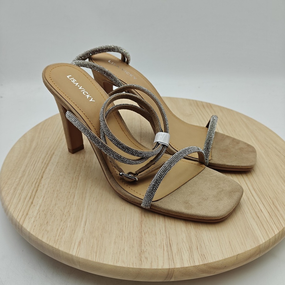 Lisa Vicky Shoes‎ Womens Size 10 Beige Strappy Sandals Rhinestone Cone Heel New